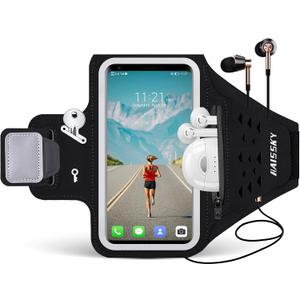 Running Armband with Earphone Bag Cell Phone Armband for iPhone 16 15 Pro 14 Plus 13 11 XR XS, Galaxy S24/S10 Water Resistant Sports Phone Holder Case & Zipper Slot Car Key Holder for 6.9 inch Phone