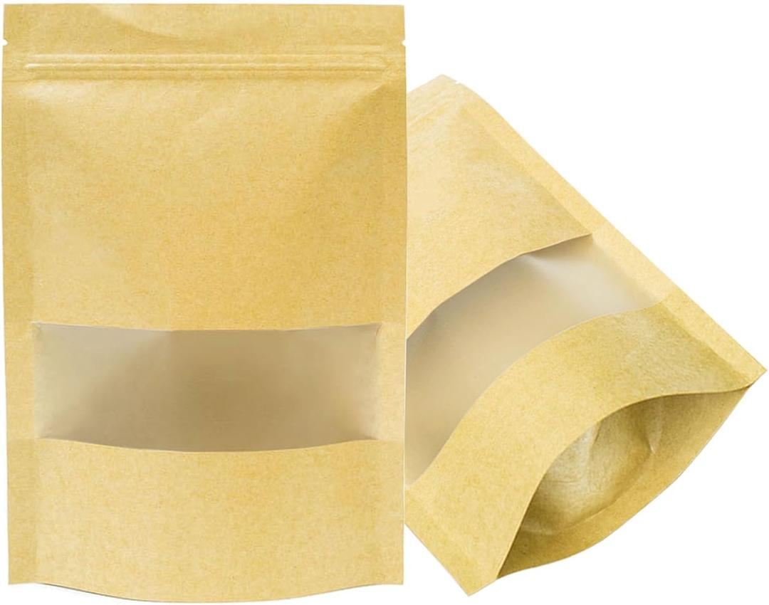 100 Pcs Kraft-Paper-Bags with Window, 5.5 x 7.9 inch Stand Up Zipper Pouches Bags, Zip Lock Food Storage Bag for Packaging Products, Reusable, Sealable