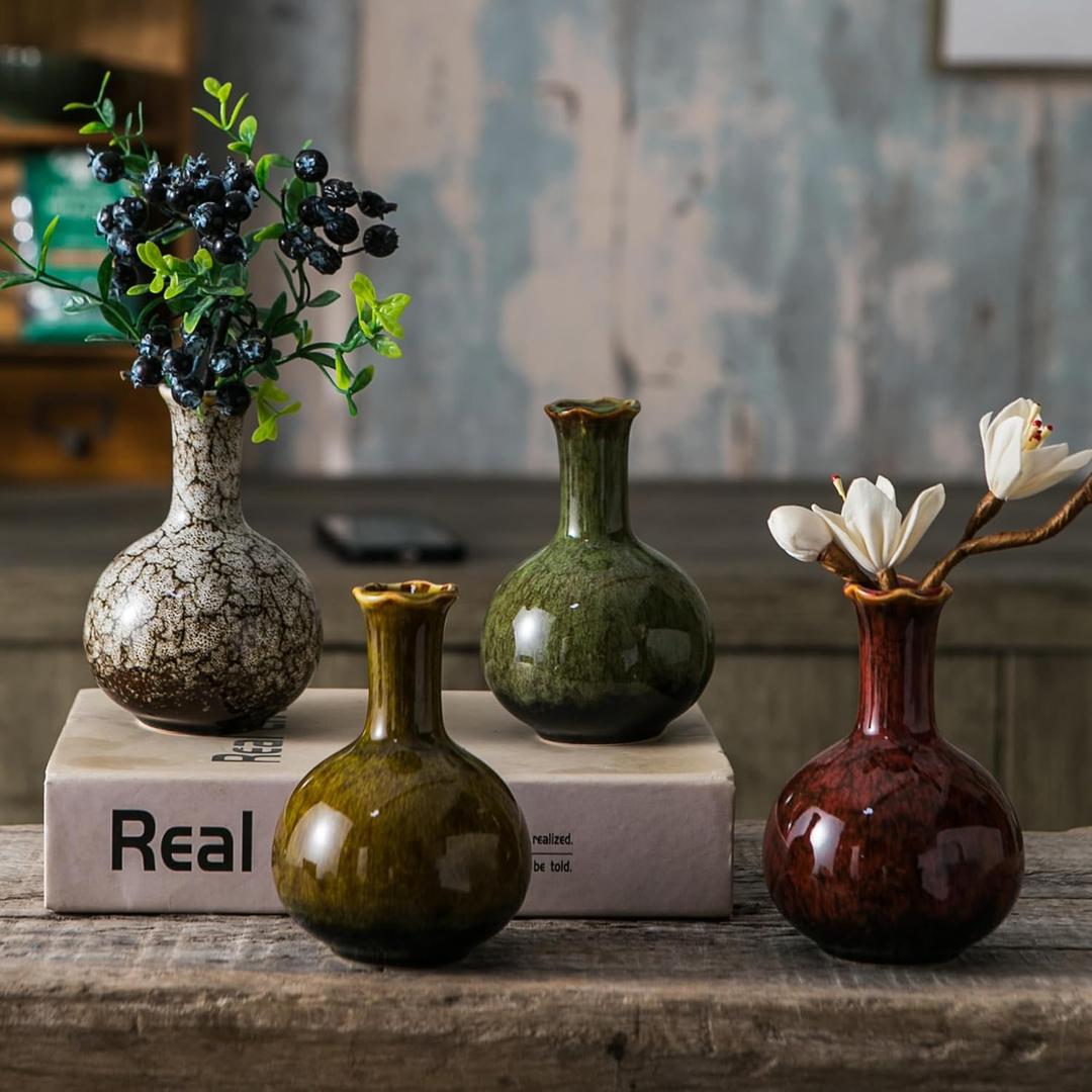 Glazed Rustic Bud Vase Set of 4 - Small Ceramic Mini Pottery Vases in White, Yellow, Green, Red - Ideal for Fresh & Dried Flowers - Modern Farmhouse Dcor for Living Room, Shelves, Dining Table (A Glazed - 4 Pcs)