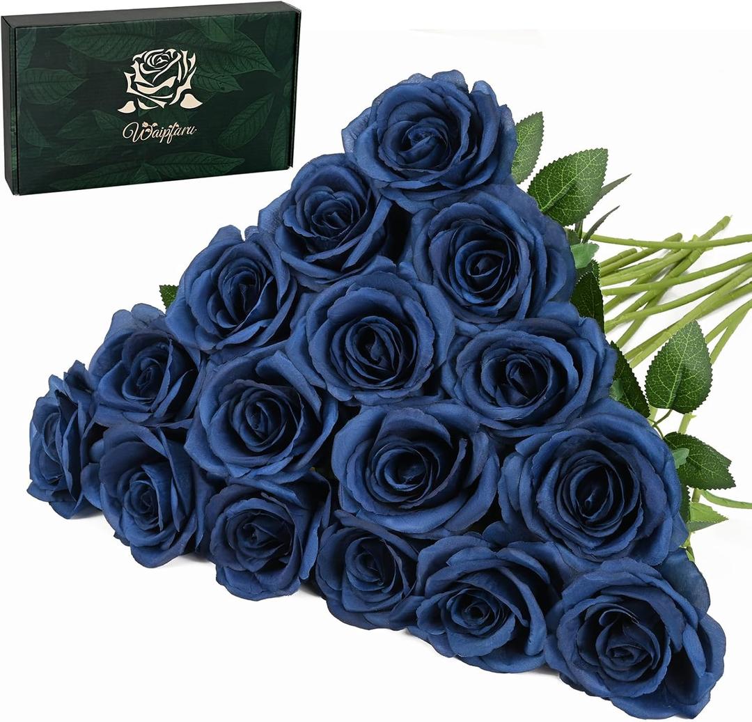 Waipfaru 16 Pcs Blue Roses Artificial Flowers, Long Stem Fake Roses, Silk Faux Flowers for Valentines Wedding Bouquet Vase Centerpiece Home Decor (Navy Blue)