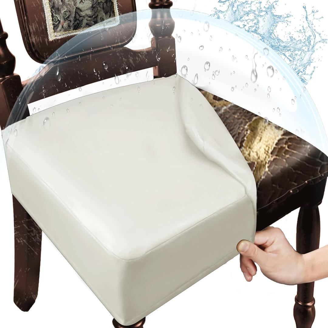 Waterproof Dining Chair Seat Covers Leather Kitchen Seat Covers, Stain Resistant Stretch Chair Seat Covers for Dining Room Chairs Set of 6, Rear Covered Washable Dining Chair Covers Cream