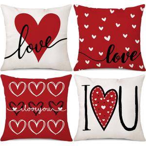 Coeufuedy Valentine's Day Pillow Covers 18x18 Set of 4 Love Heart I Love You Anniversary Wedding Decoration Cushion Covers for Sofa Couch (Red-02)
