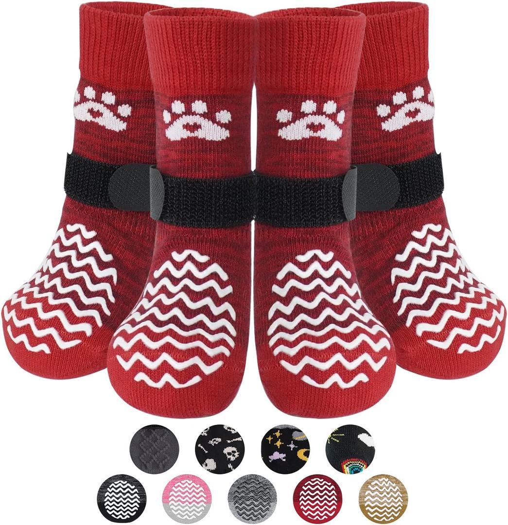 PUPTECK Anti Slip Dog Socks 2 Pairs with Double Grippers for Hardwood Floors, Shoes for Hot/Cold Pavement, Boots & Paws Protectors to Prevent Licking, Traction Booties for Senior Small Large Dogs (Red(Wave)), Size: X-Small(2 Pair)