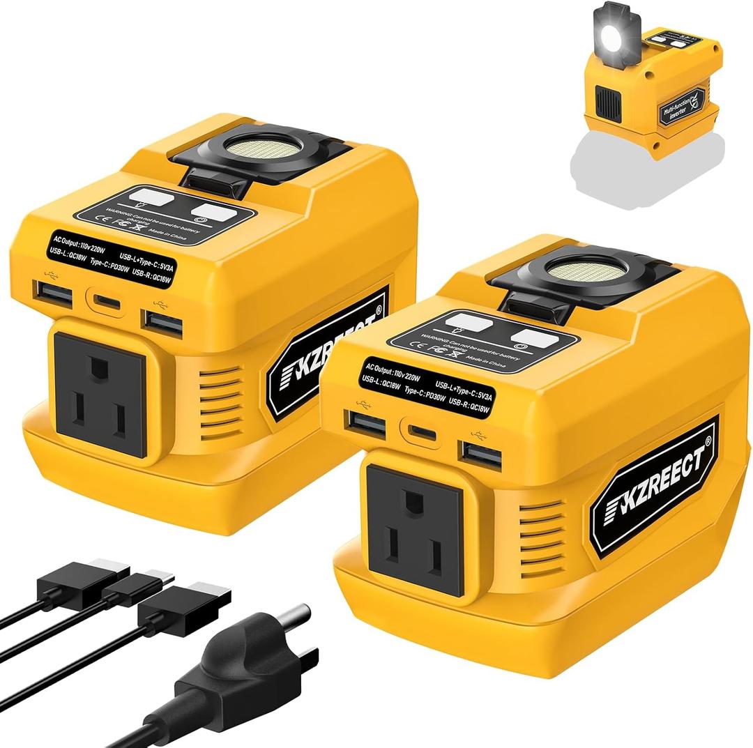 2 Pack 220W Power Inverter Compatible with Dewalt 18V/20V Battery Inverter DC 18V to AC 110V Portable Power Station Generator with 2 USB Ports & 1 Type-C & 1 AC Outlet, 400 Lumen Light (Yellow)