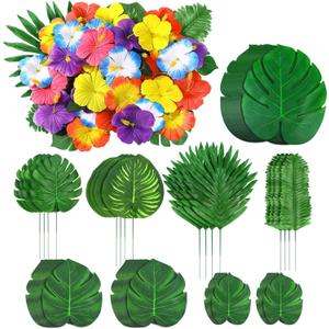 142Pcs Luau Party Decorations Fake Plant Palm Leave Monstera With Stems Hibiscus Flowers Artificial Tropical Leaves for Hawaiian Luau Safari Jungle Beach Wedding Birthday Theme Party Table Decorations (XX-Large)