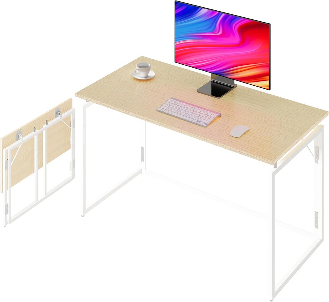 Folding Desk 30 Inch - Small Foldable Desk for Small Space Minimalist, Space Saving Collapsible Compact Desk Portable Table for Craft, Writing, Study and Work (No Assembly Required) (Beige)