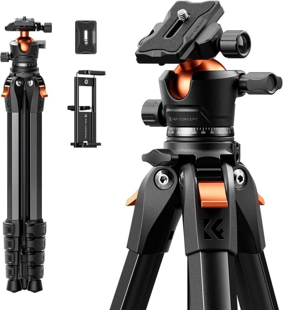 K&F CONCEPT 63" Aluminum Travel Tripod for Camera/Phone, 2.6 lbs Compact Lightweight with Arca Ball Head, 22 lbs Max Load Heavy Duty for DSLR Mirrorless iPhone Video Recording
