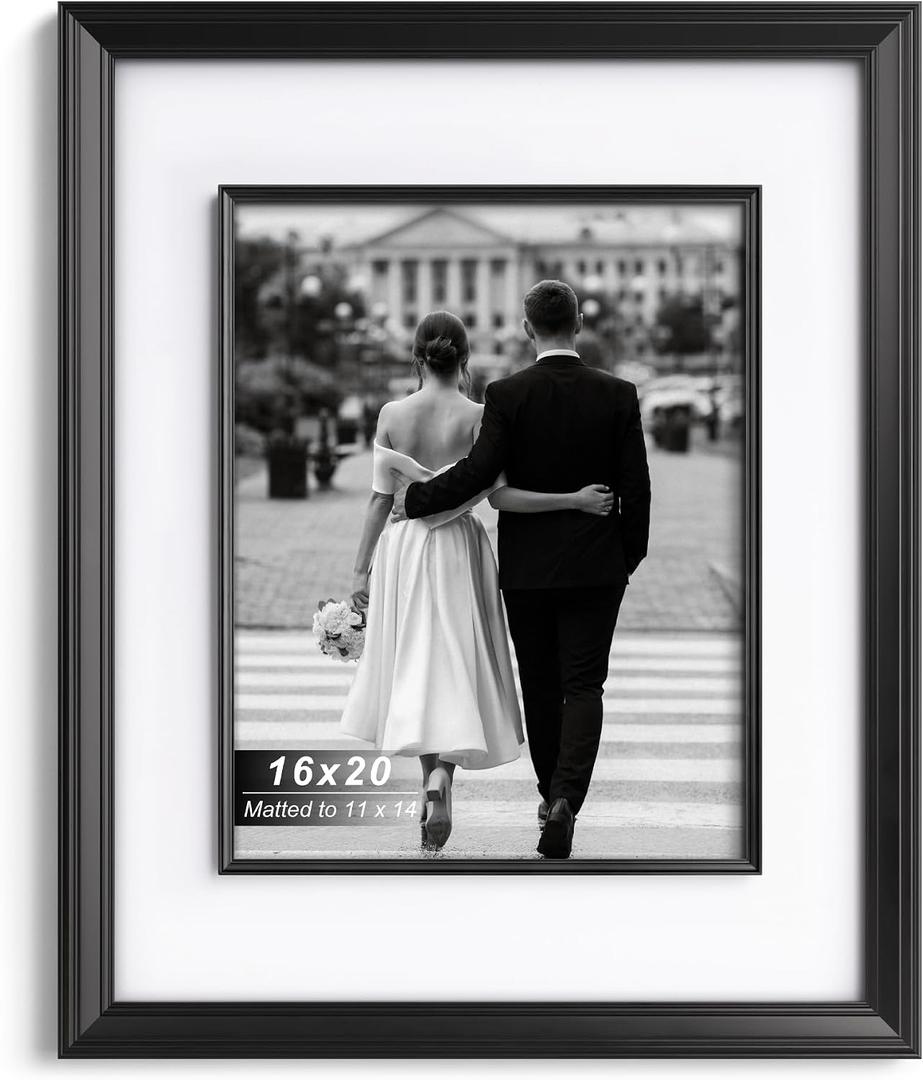 Yaetm 16x20 Black Picture Frame with Decorative Inner Frame & Tempered Glass, Display 11x14 Photos with Mat on Wall - Portrait or Landscape - Ideal for Office & Home Décor (Black, Single)