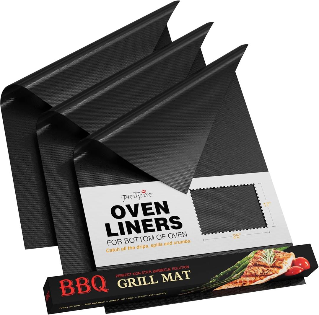 PrettyCare Oven Liners for Bottom of Oven - 3 Pack Large Heavy Duty Mats, 16.25x23 Non-Stick Reusable Liner for Electric, Gas, Toasters, Grills - BPA & PFOA Free Kitchen Accessory to Keep It Clean