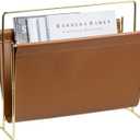 MyGift 15-Inch Modern Brown Leatherette & Brass Plated Metal Magazine Holder  Floor Standing Faux Leather Sling Style Newspaper Rack for Home, Bathroom, Office Decor