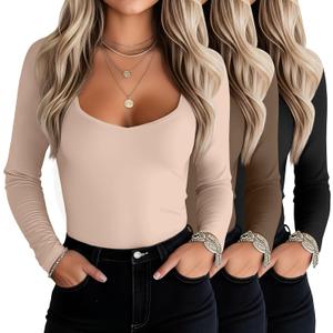 3 Pack Women's Long Sleeve Tops, Sweetheart Neck Knit Basic Shirts Slim Fit Casual Fall Going Out Tee (XL)