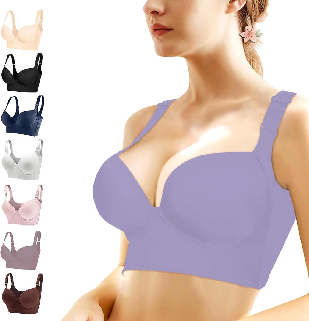 Women's Push Up Bra,Full-Coverage Underwire Bra,Hide Back Fat Deep Cup Bra,Smoothing T-Shirt Bra,Sculpting Uplift Bra ((38) DD, Purple)