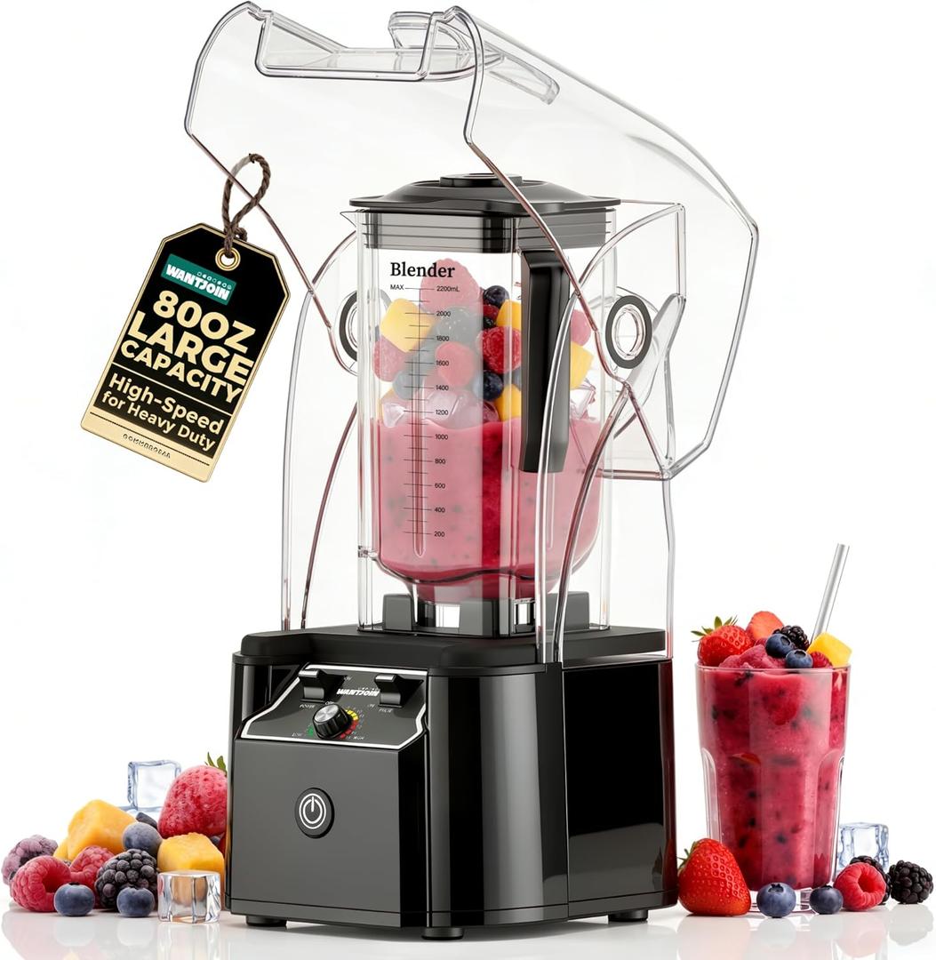 WantJoin Professional Commercial Blender With Shield Quiet Sound Enclosure 2200W Industries Strong and Quiet Professional-Grade Power, Self-Cleaning, Black