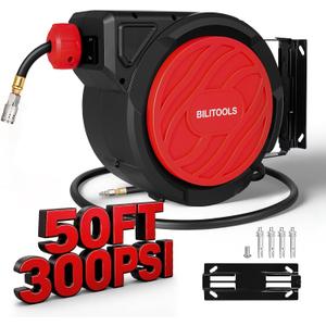 BILITOOLS Retractable Air Hose Reel 3/8" x 50FT Max 300PSI Auto Rewind | Hybrid Air Hose, 5 ft Lead-In Hose, 180 Swivel Wall/Ceiling Mount, Enclosed Air Compressor Hose Reel