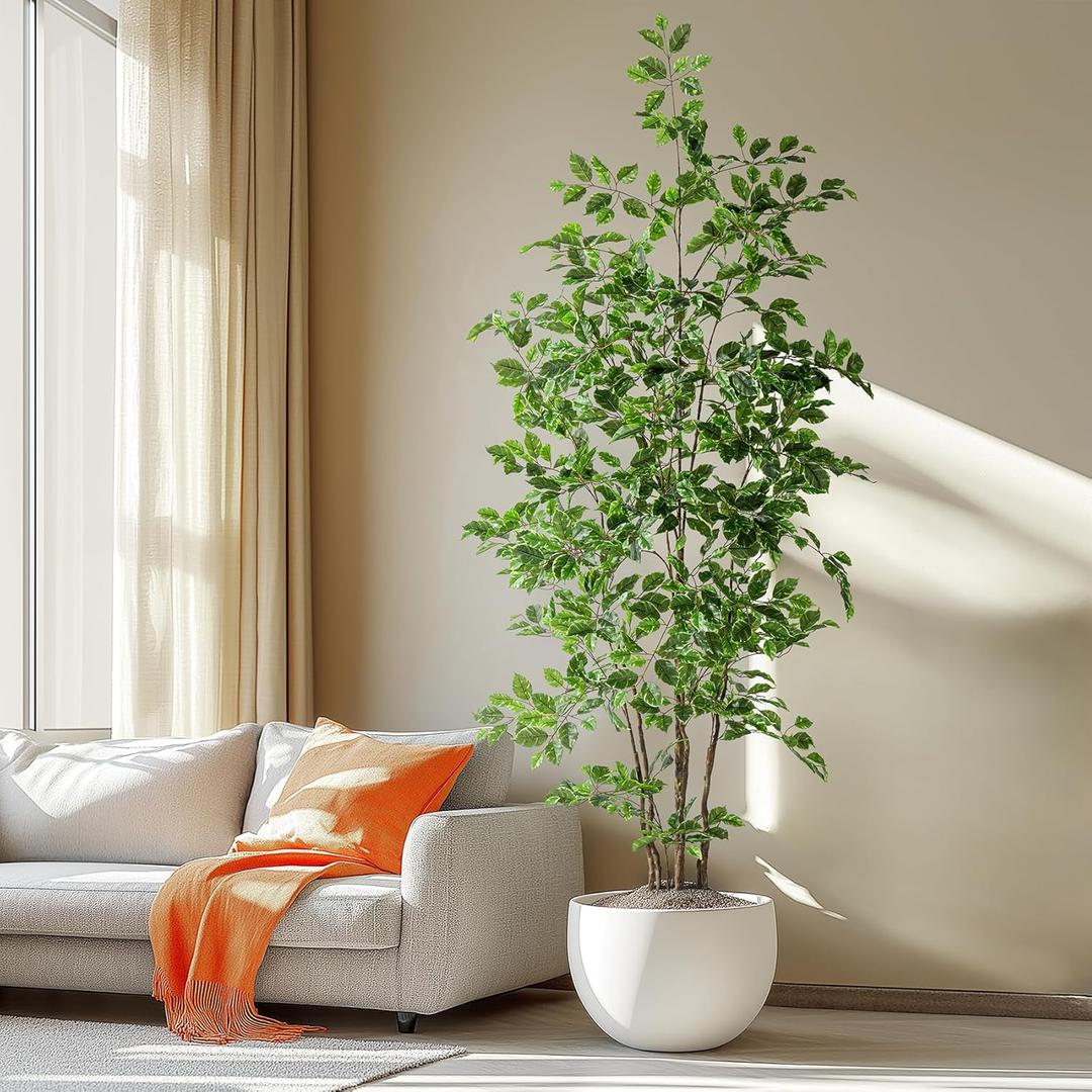 Artificial Ficus Tree Indoor 7ft, Large Potted Faux Tree with Realistic Silk Leaves & Trunk for Home Office, Living Room Corner Decor (White Green)