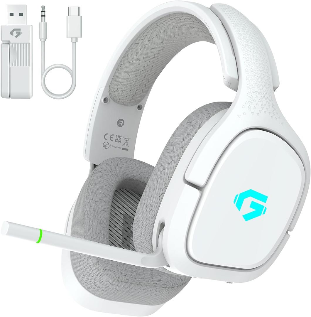2.4GHz Wireless Gaming Headsets for PS5, PS4, PC, Switch - Bluetooth 5.4 Gaming Headphones with Noise Canceling Mic, Low Latency Connection, 3D Immersive Surround Sound, 30H Battery, White