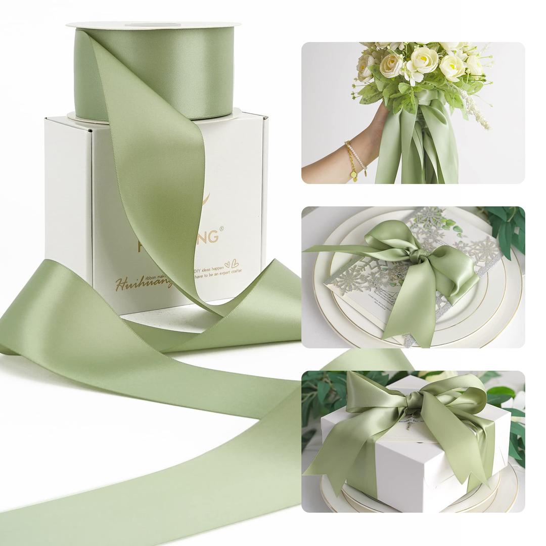 HUIHUANG Sage Green Ribbon 2 inch Double Face Green Satin Ribbon for Flower Bouquet Wrap, Dusty Sage Silk Satin Ribbons for Wedding Invitations, Gift Wrapping, Home Decor, Hair Bows -25 Yards/Roll