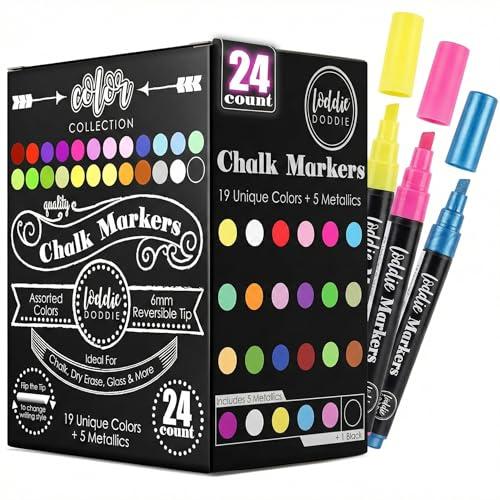Loddie Doddie Chalk Markers - Pack of 23, 6mm Reversible Tips - Liquid Chalk Pens for Glass & Windows - Dry Erase Chalkboard Markers for Blackboard & Calendars - Non-Toxic Pens for Art & Decor