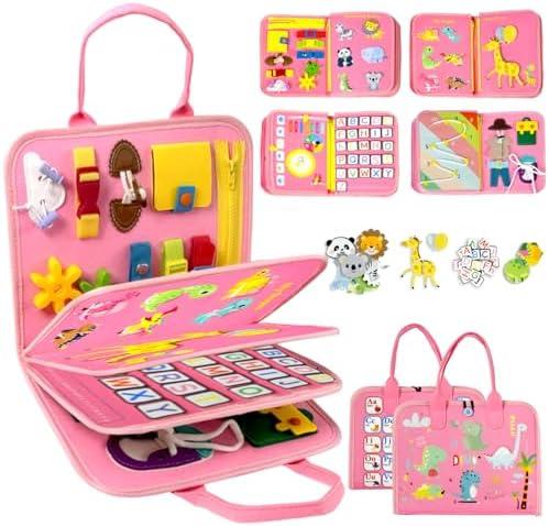 Qizfun Busy Board Book Montessori Toys for 1 2 3 4 Year Old, Girl Birthday Gifts, Educational Sensory Learning Toy for Toddlers 1-3, Car Airplane Travel Activities Toys for Kids Ages 2-4 Year Old