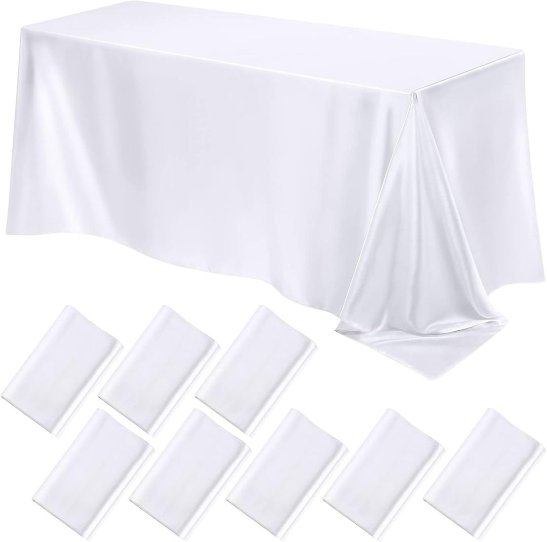 Lounsweer 8 Packs Satin Tablecloth 102 x 58 Inches Rectangle Table Cover Silk Smooth Fabric Party Table Cloth for Rectangle Parties, Holiday Dinner Wedding Banquet Decoration (White)