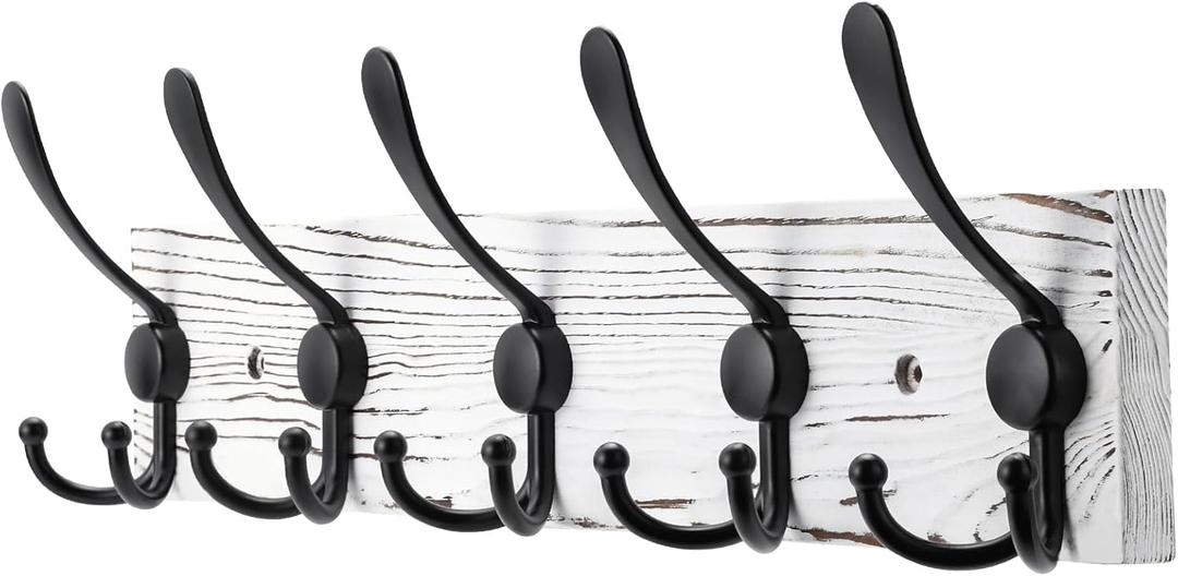 Kuhome Coat Rack Wall Mount Wooden Hat Rack for Wall Hooks Pine Real Wood Plank 16.9" White Coat Hanger with 5 Black Triple Hooks for Hanging Coat Hat Jacket