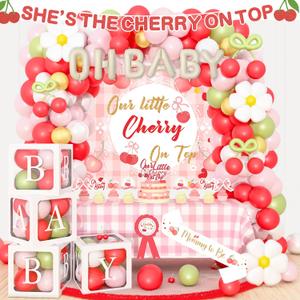 Cherry on Top Baby Shower Decorations Kit, Cherry-Themed Baby Shower Party Decorations for Girl with Balloon Garland Backdrop Tablecloth Boxes Sash for Baby Girl Baby Shower
