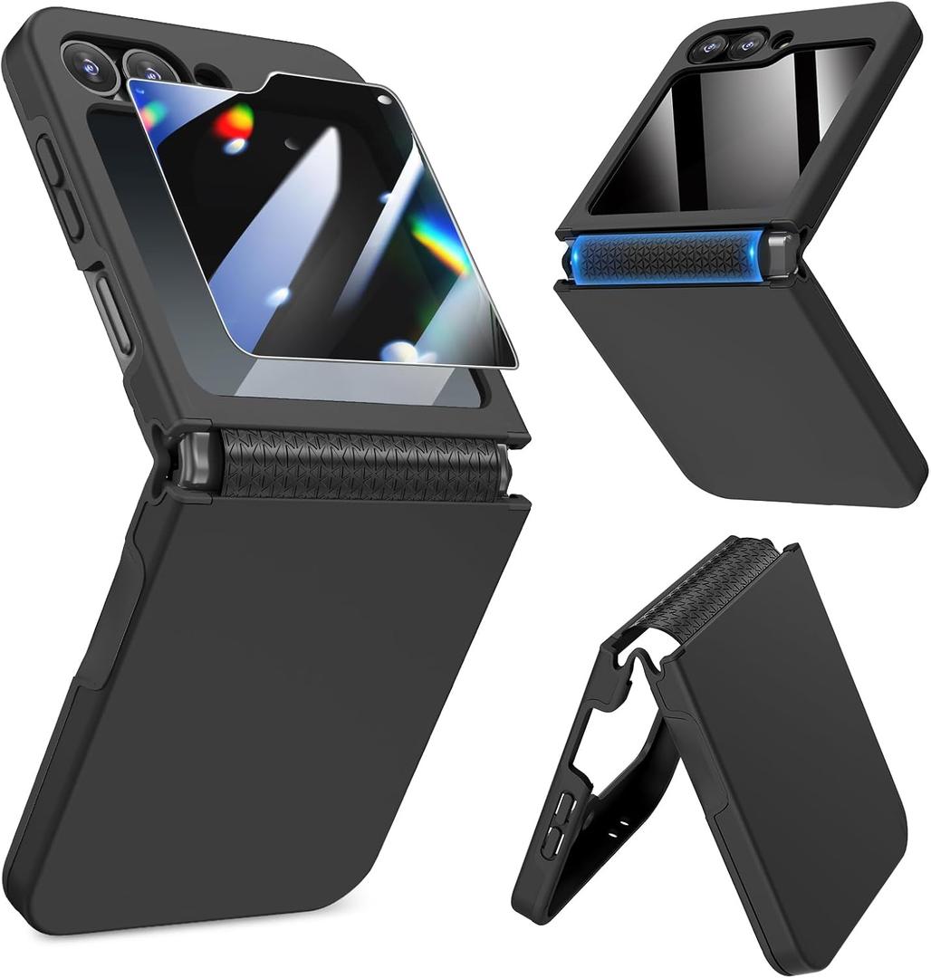 Caka for Samsung Galaxy Z Flip 6 /Z Flip 5 Case [Wireless Charging Compatible][Hinge Protection] [Screen Protector] Women Men Shockproof Protection Phone Cover - Privacy Black