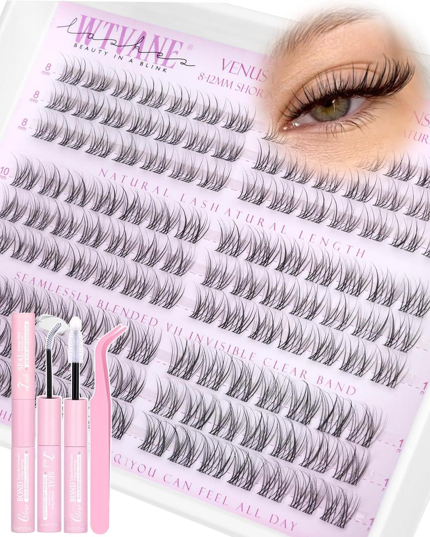 Natural Lash Clusters Kit Wispy Eyelash Clusters Short 8-10-12mm Lash Extensions Kit Invisible Band Lashes Clusters Kit C-Curl Individual Lashes Short Cluster Eyelash Extensions for Glasses