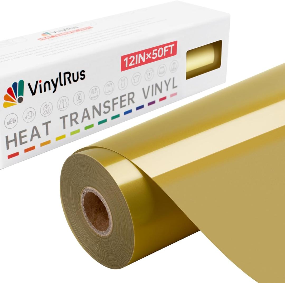VinylRus Heat Transfer Vinyl-12 x 50ft Gold Iron on Vinyl Roll for Shirts, HTV Vinyl for Silhouette Cameo, Easy to Cut & Weed