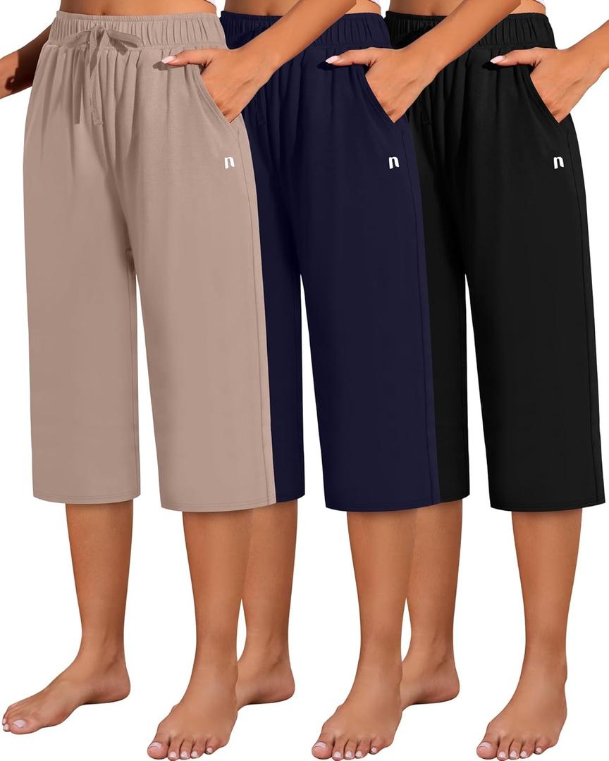 Neer 3 Pack Women's Capri Pants, Cotton Wide Leg Basic Sweatpants Lounge Loose Fit Casual Drawstring Yoga Capris with Pockets (X-Large, Black, Mocha, Navy Blue)