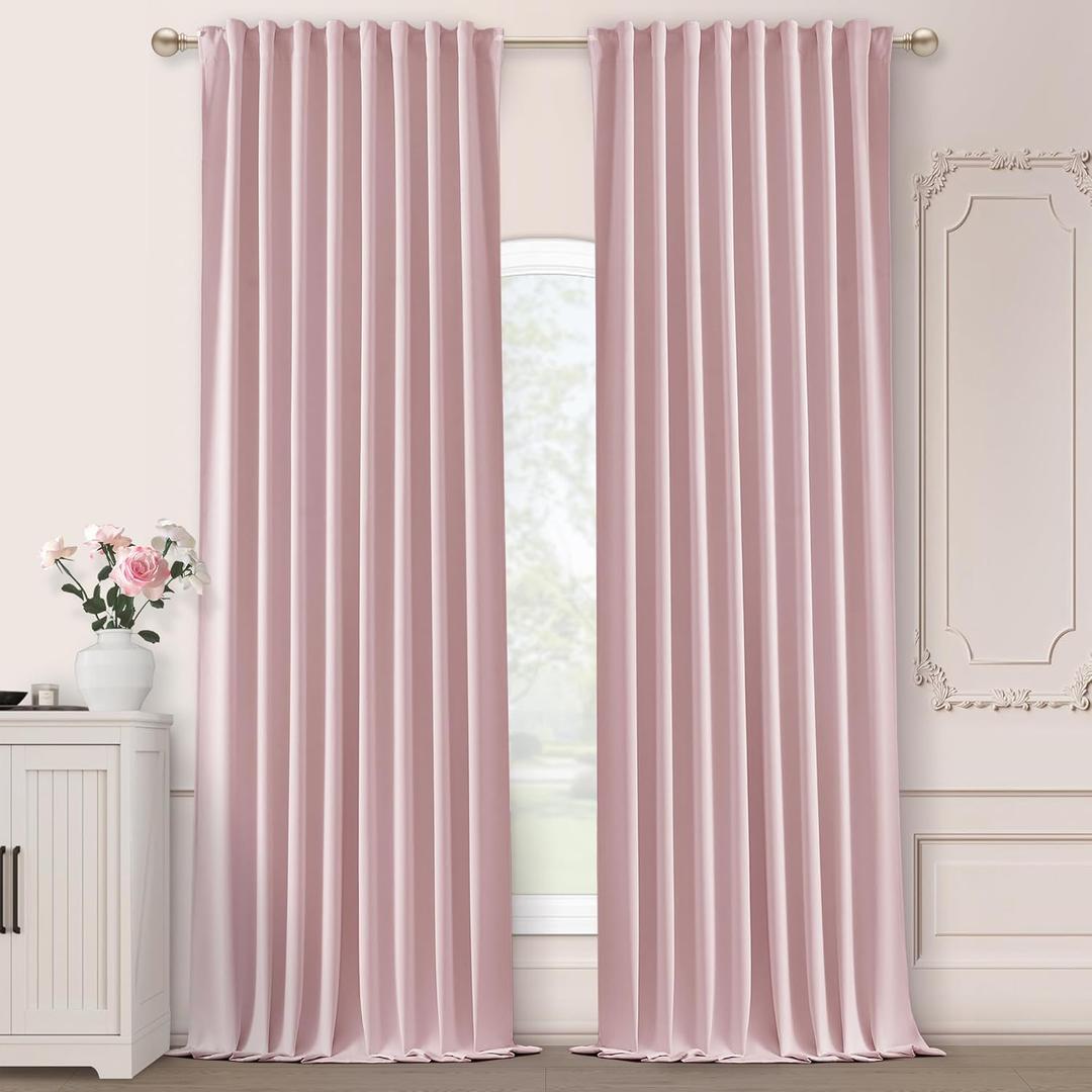 SHINELAND Pink Blackout Curtains 96 Inches Long 2 Panels Blackout for Nursery Baby Room,Back Tab Pleated Light Pink Darkening Window Noise Reducing 8 FT Curtains for Bedroom Living Room
