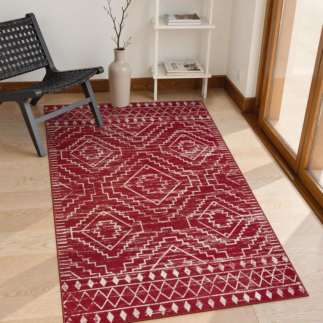 Wonnitar Moroccan Washable 3x5 Rug for Living Room, Non-Slip Chrisrmas Rug for Entryway, Low Pile Soft Farmhouse Area Rug for Bedroom Entry Kitchen Basement (Red,3'x5')