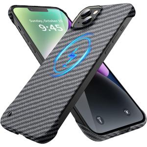 Magnetic Ultra-Thin Frosted Soft Touch Skin Borderless Carbon Fiber Bump Texture for iPhone 14 Case 6.1" Slim Minimalist Lightweight Frameless Matte Hard for MagSafe Cover Case-Black