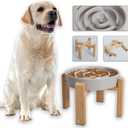 Elevated Slow Feeder Dog Bowl - Puzzle Maze Dish with Bamboo Stand - Raised Ceramic Food Bowl for Medium and Large Dogs - Grey - 8.8 inch (2.5 CUP)