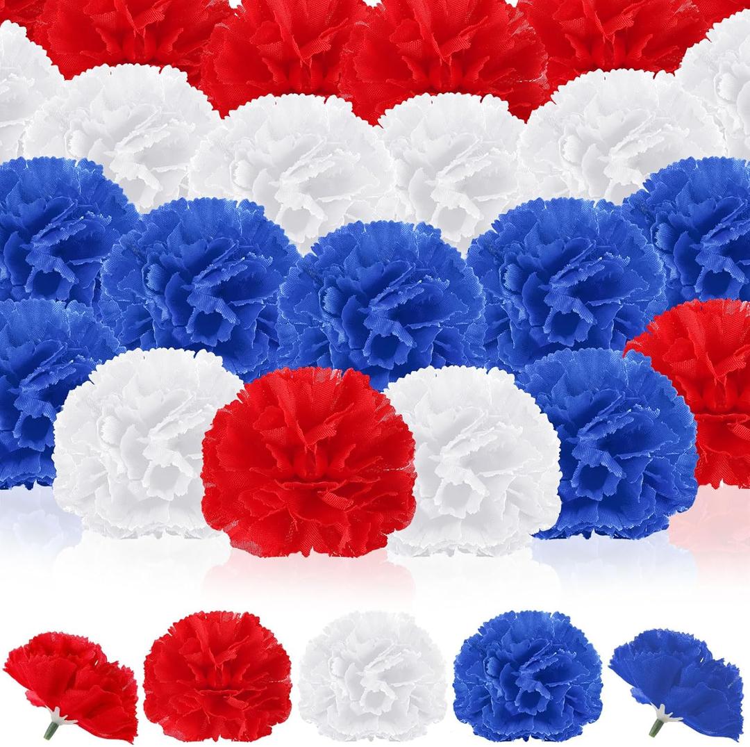 Syhood 50 Pcs 4th of July Marigold Flower Bulk Memorial Day Decorations Patriotic Flowers for Floral with Stems DIY Garland(2.4 Inch, Independence Day Colors) (Blue, Red, White)
