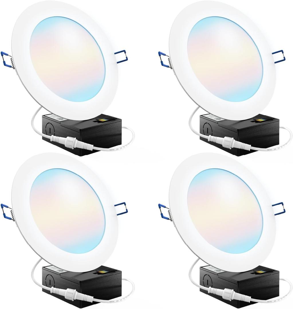 Sunco 6 Inch LED Recessed Light, Canless Ceiling Lights Slim with Junction Box, 850 LM, 14W (100W Equivalent), Selectable CCT 2700K/3000K/4000K/5000K/6000K, Dimmable, Wafer Thin ETL 4 Pack
