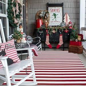 CAINANEL Christmas Outdoor mat 4' x 6' Red and White Striped Outdoor Rug Front Porch Rug, Christmas Home Decor, Layerd Welcome Doormat for Front Porch Decor, Front Door, Farmhouse Decor