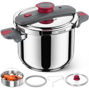 MICHELANGELO Stovetop Pressure Cooker Stainless Steel, 8.5 qt, 304 Stainless Steel, 6-Fold Safety System, One-Hand Easy-Open Lid, 2 Pressure Settings, Induction Compatible, Steamer Basket & Glass Lid
