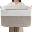 Large Blanket Basket,Woven Rope Basket Storage Bin with Handles,65L Rectangle Laundry Basket for Magazines,Toys,Clothes,Newspaper Shelf Organization,Nursery and Living Room,White & Brown