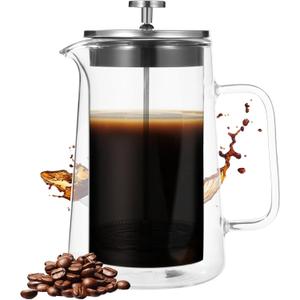Press Coffee Maker, 1000 ml/33.8 oz Double Wall Insulated Tea Maker, Heat Resistant High Borosilicate Glass with Fine Mesh Filter & Ergonomic Handle, Ideal for Hot and Cold Beverages