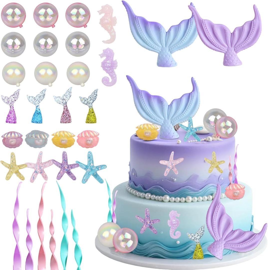 31 Pcs Mermaid Cake Topper Mermaid Tail Cake Decorations with Seahorses Starfish Seashells Kelp Under the Sea Cake Decorations for Baby Shower Birthday Party Decorations