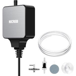NICREW Nano Silent Aquarium Air Pump Black, Aquarium Aerator with Accessories for UP to 20 Gallon Fish Tank, Super Quiet, 0.6 L/min, 1.5 Watts