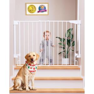 Cumbor 29.243" Baby Gate for Stairs, Wall-Mounted (Drill Required), Expandable No Bottom Bar Dog Gate, Auto Close Extra Wide Walk Thru, Pet & Toddler Proof Gate, Top & Bottom of Stairways (White)