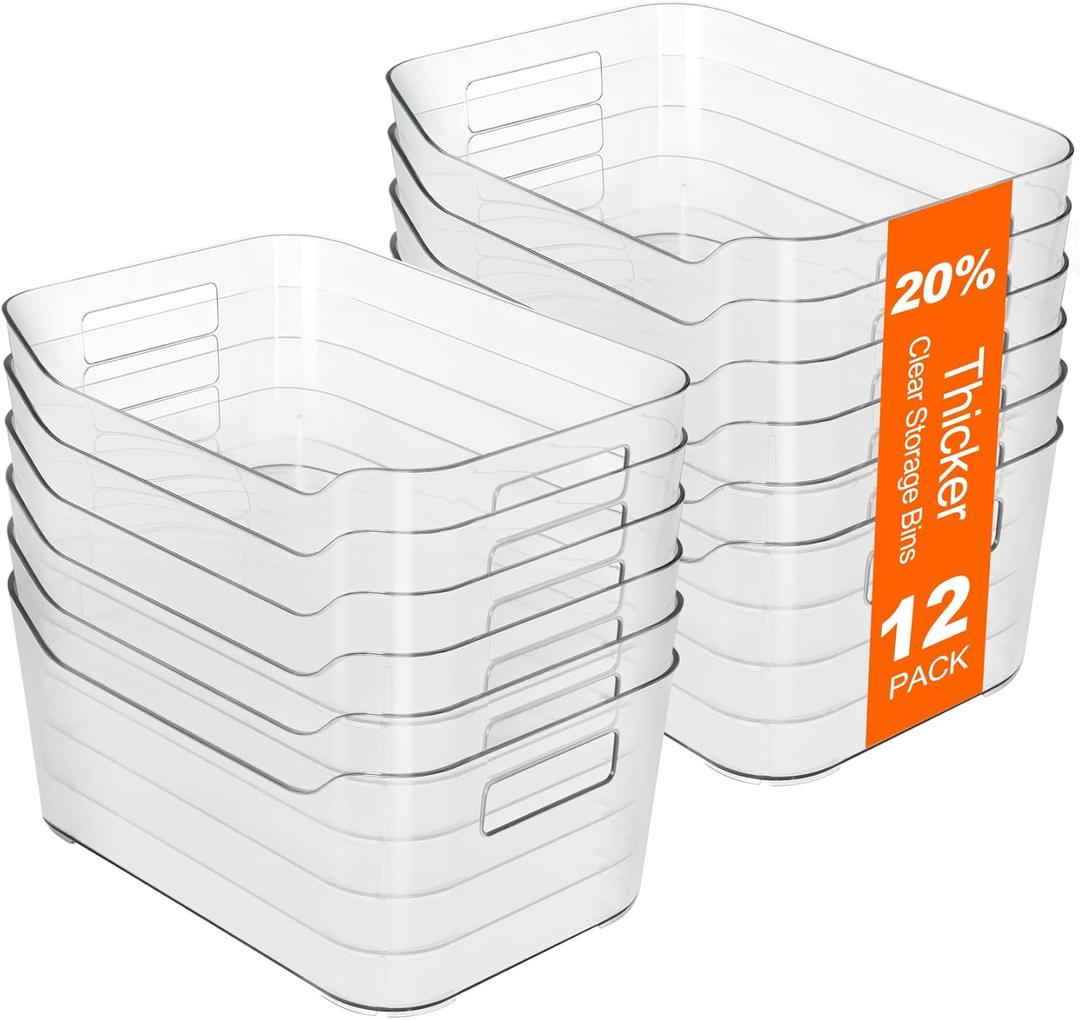 Hudgan 12 Pack Clear Pantry Organizer Bins, Plastic Storage Bins for Fridge, Plastic Pantry Organizer Containers for Home, Kitchen Cabinet, Bathroom Shelf, Under Sink and Drawers
