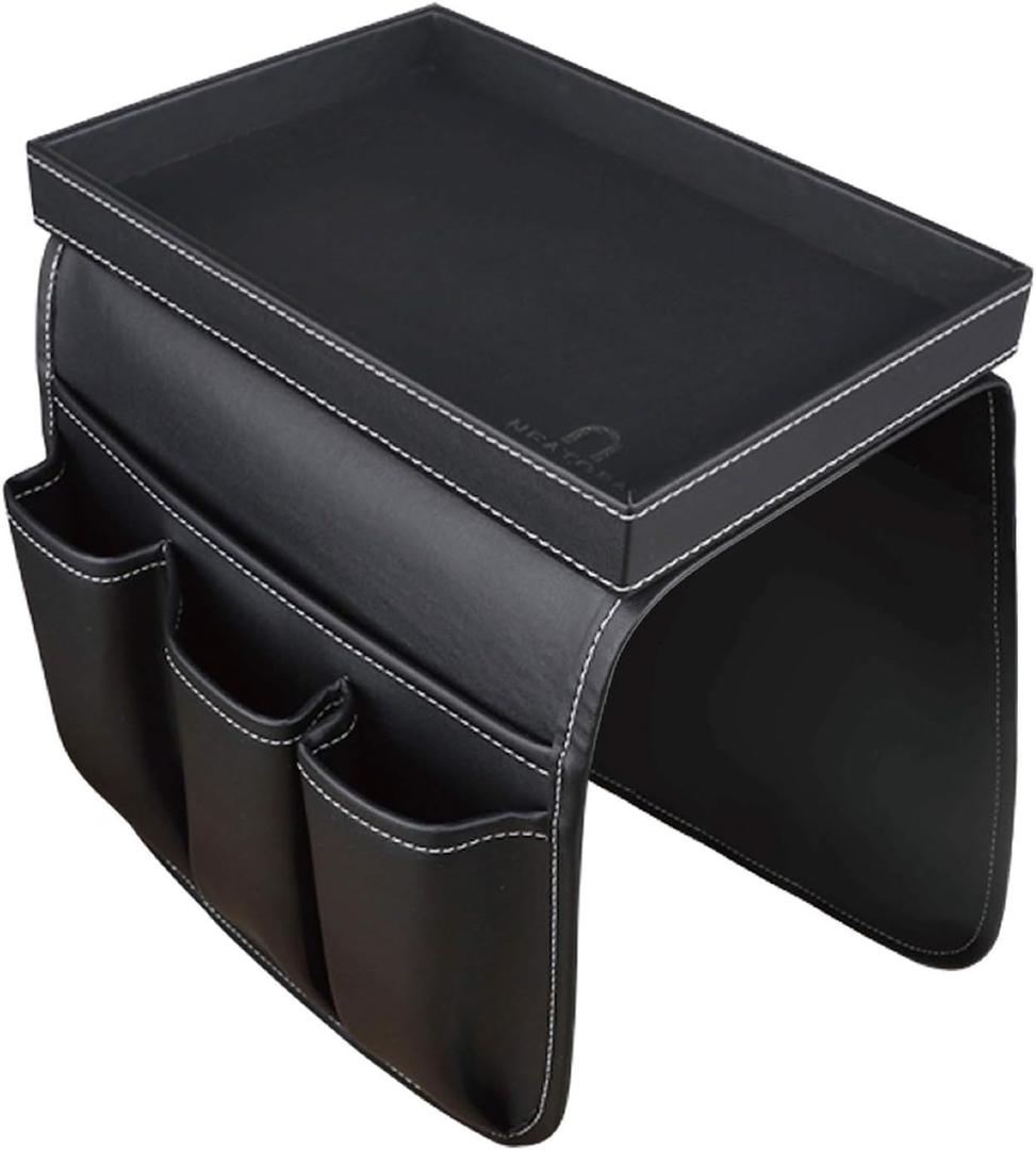 Couch Remote Caddy Control Holder Sofa Organizer with Detachable Wooden Snack Tray for Recliner Mattresses Chair Armrests with 4 Slots - 1 Large Pockets and 3 Small Pockets (Black) (Black)