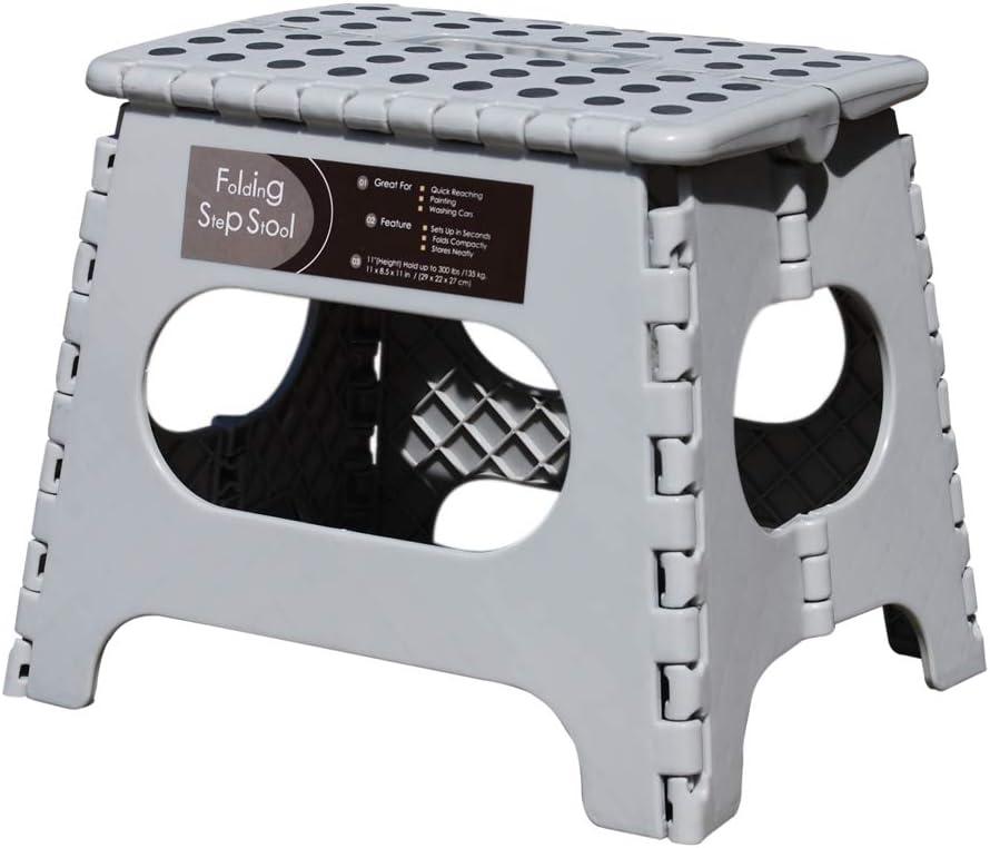 Non-Slip Folding Step Stool, Sturdy Safe Enough - Holds up to 300 Lb - 11 inch Footstool for Adults or Kids, Folding Ladder Storage/Opens Easy, for Kitchen, Toilet, Camping (Light Grey, 11'')