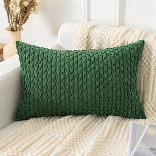 UGASA Christmas Soft Corduroy Decorative Pillow Cover 12x20 Inch Boho Striped Oblong Throw Pillow Cover Modern Home Decor for Sofa Living Room Couch Bed Dark Green, 1 Piece