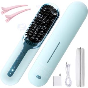 Hair Straightener Brush- Cordless Hair Straightener Brush for Short Hair,3 Heat Settings for All Hair Types, on-The-go Straightening Brush-Mini Portable Travel Straightening Hair Comb Brush (Blue)