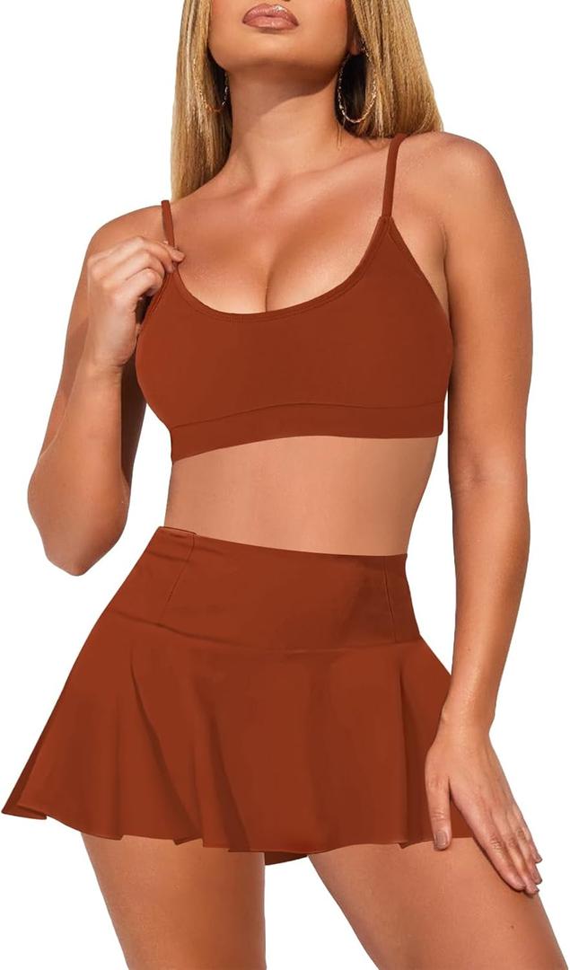 Pink Queen Women's High Waisted Bikini Set Two Piece Swimsuit Scoop Neck Spaghetti Straps Swim Skirt Bathing Suit (Burnt Orange), Size: Small Pink Queen Women's High Waisted Bikini Set Two Piece Swimsuit Scoop Neck Spaghetti Straps Swim Skirt Bathing Suit (Burnt Orange), Size: Small