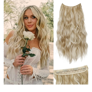 Halo Hair Extensions with Invisible Wire 20 Inch Beige Blonde Hair Extensions with Light Blonde Highlights and 4 Secure Clips Wavy Synthetic Hair extensions for Women Daily Part Use
